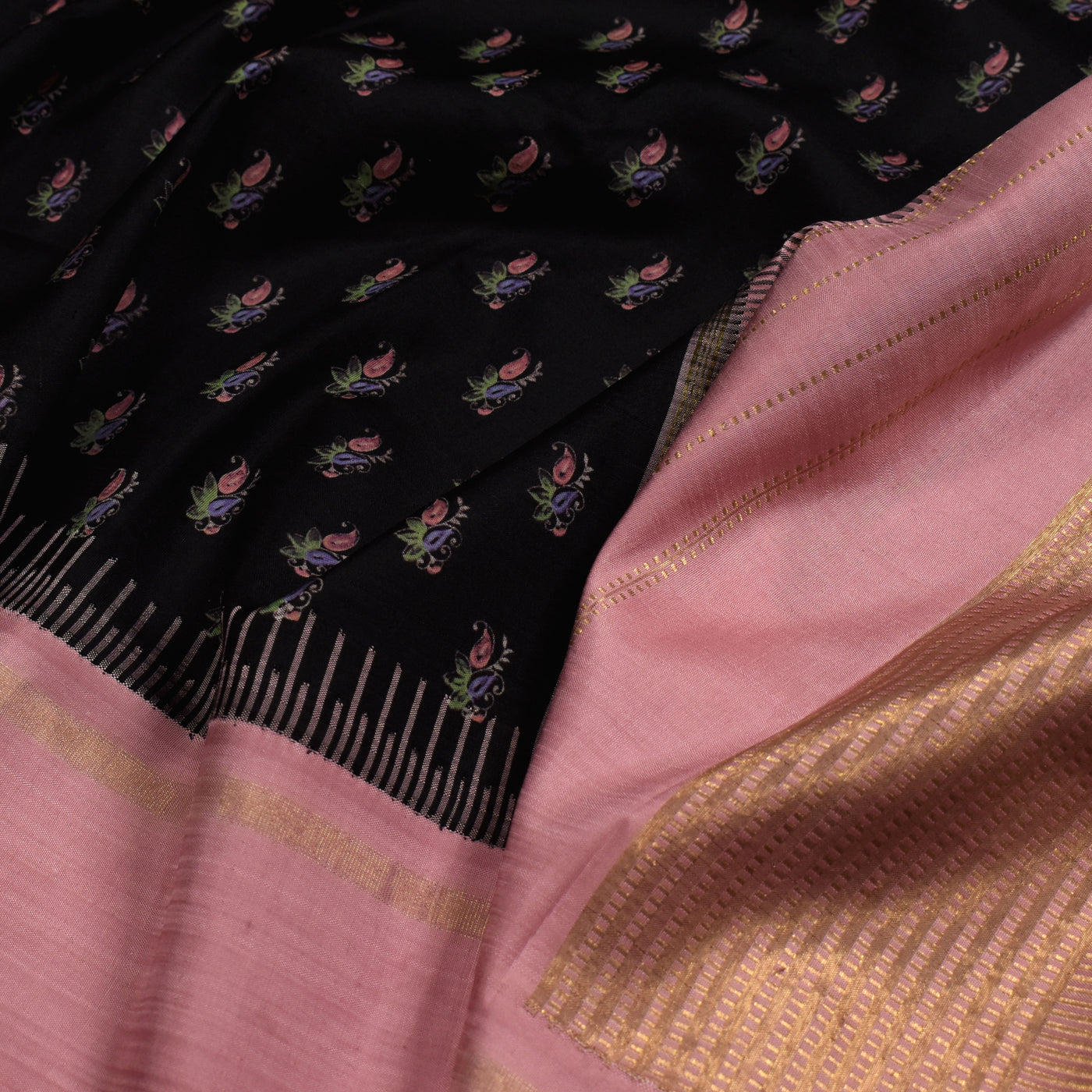 Black Printed Kanchi Silk Saree with Floral Printed Design