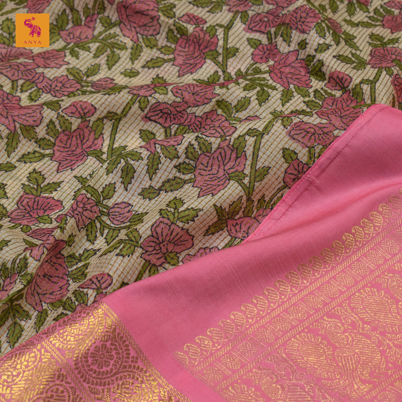 Off White Floral Print Zari Checks Tussar Silk Saree with Pink Kanchi Silk Getti Self Pallu