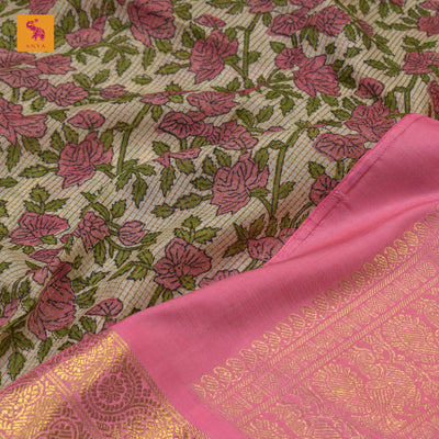 Off White Floral Print Zari Checks Tussar Silk Saree with Pink Kanchi Silk Getti Self Pallu