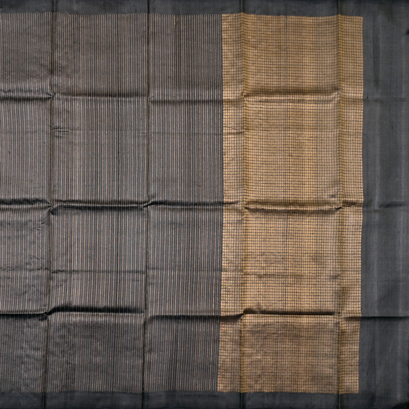 Dark Grey Tussar Silk Saree with Stripes Design