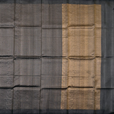 Dark Grey Tussar Silk Saree with Stripes Design