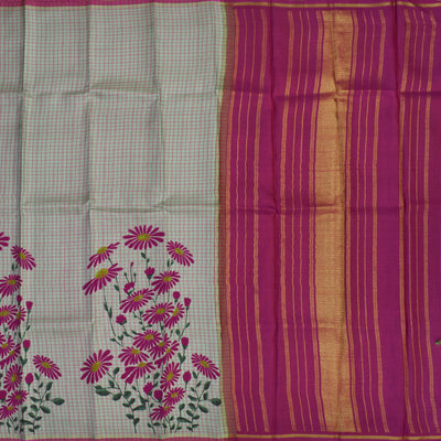 Apple Green Printed Kanchi Silk Saree with Kattam and Floral Printed Design