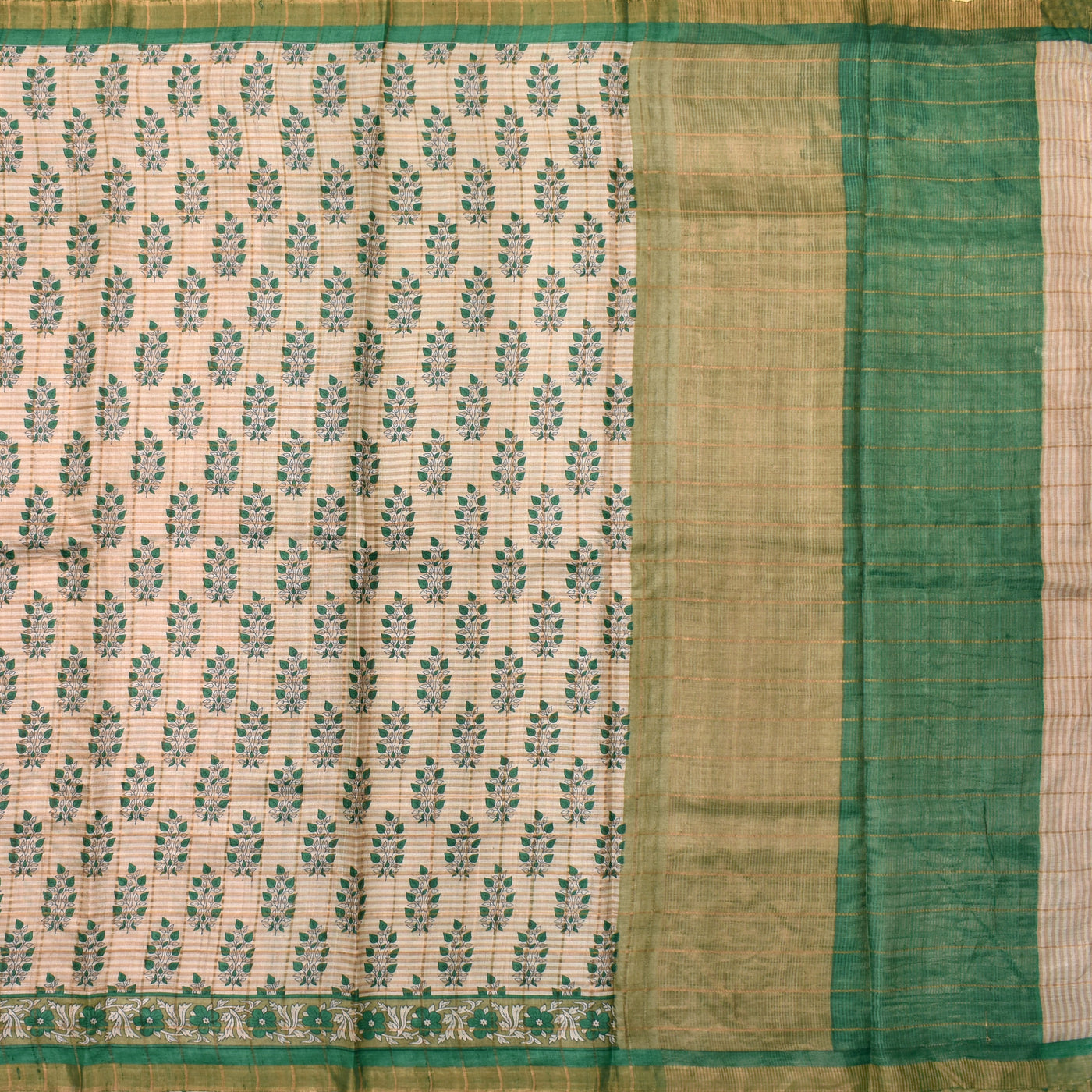 Off White Tussar Silk Saree with Leaf and Checks Design