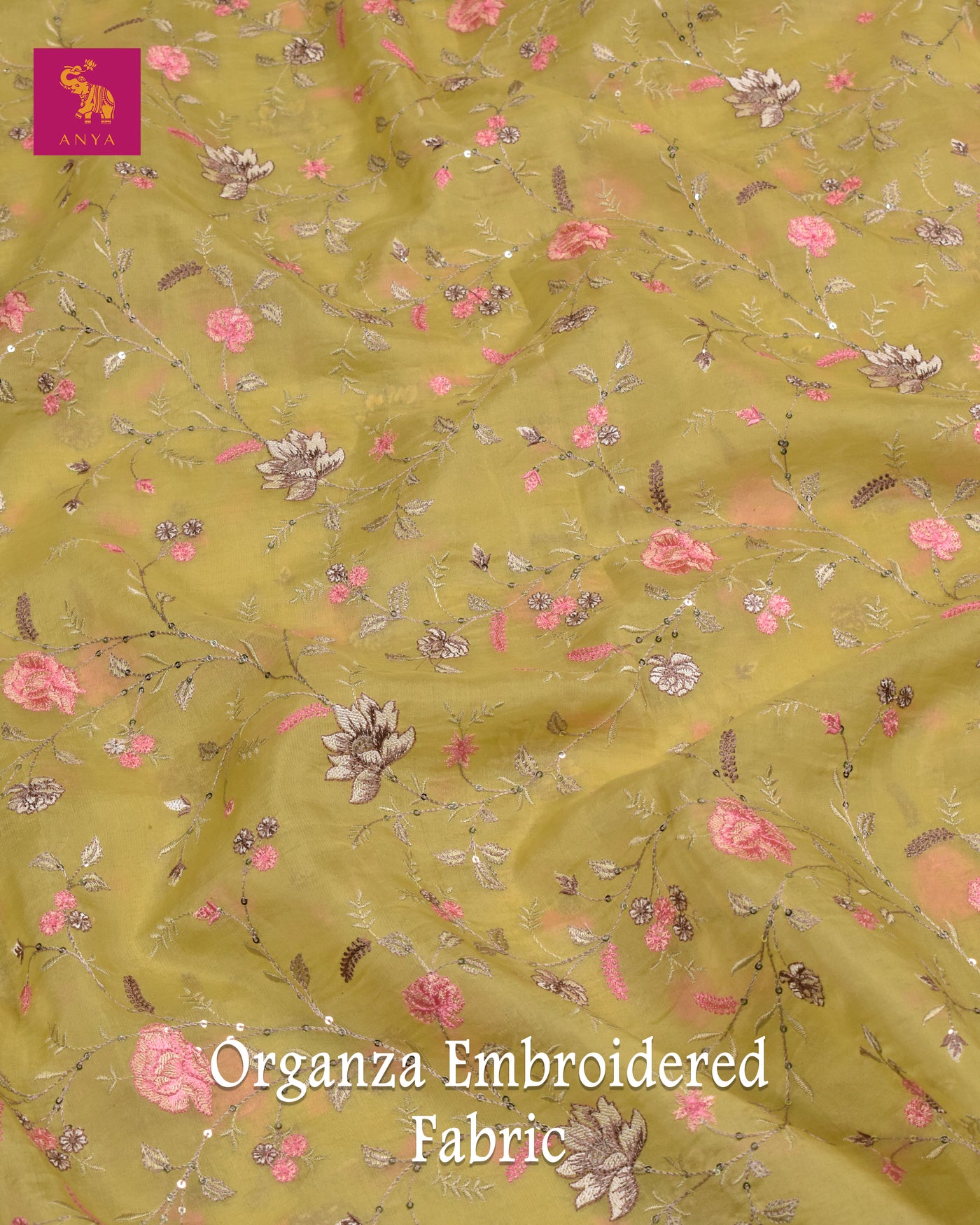 Lemon Yellow Organza Fabric with Floral Embroidery Sequins Design