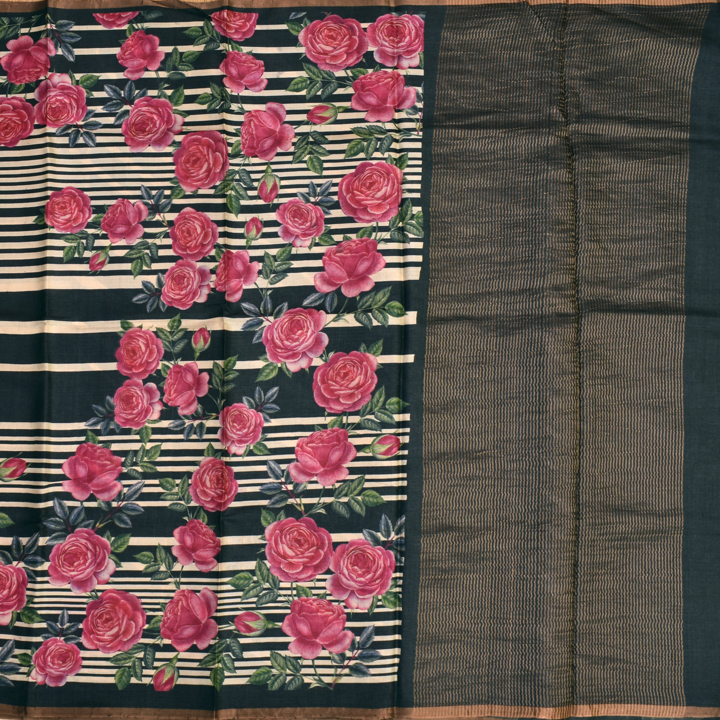 Off White and Black Tussar Silk Saree with Rose Printed Design