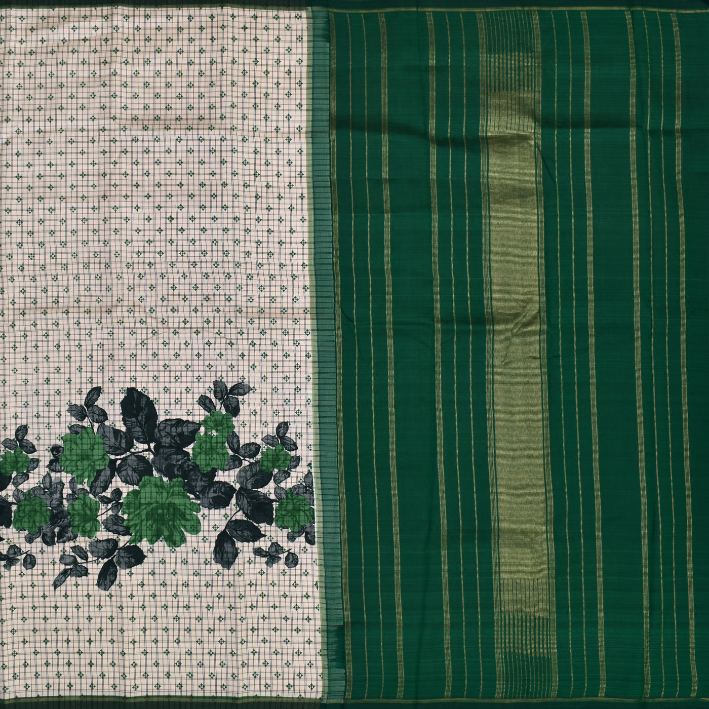 Off White Printed Kanchi Silk Saree with Small Kattam and Floral Printed Design