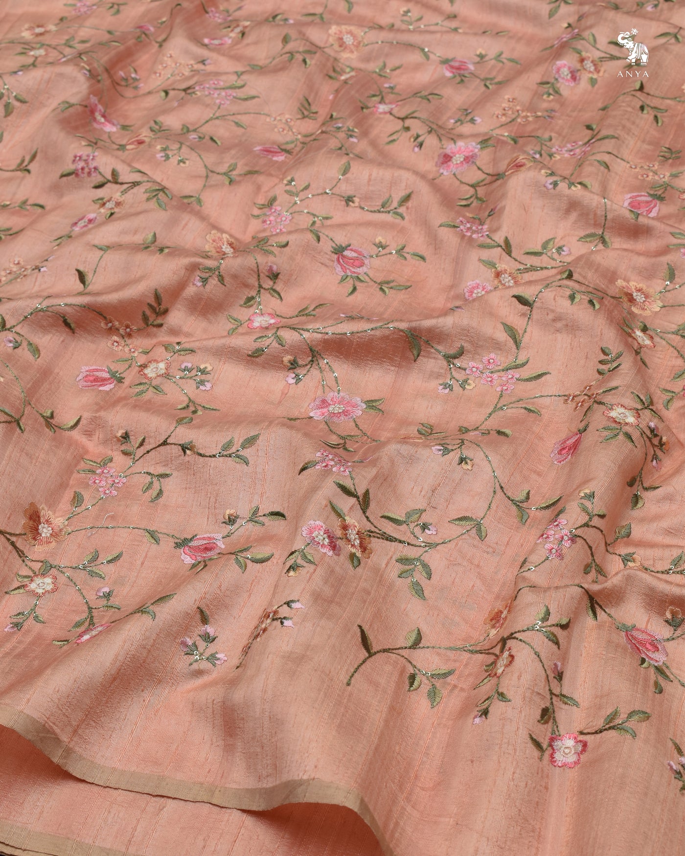 Peach Tussar Raw Silk Fabric with Floral Creeper Embroidery Design