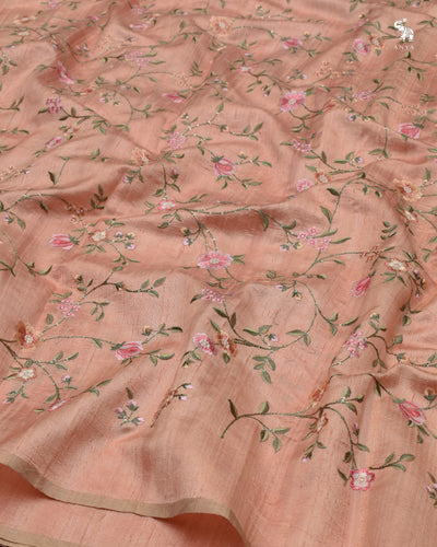 Peach Tussar Raw Silk Fabric with Floral Creeper Embroidery Design