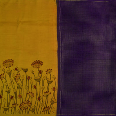 Mustard Pen Kalamkari Silk Saree with Lotus Design