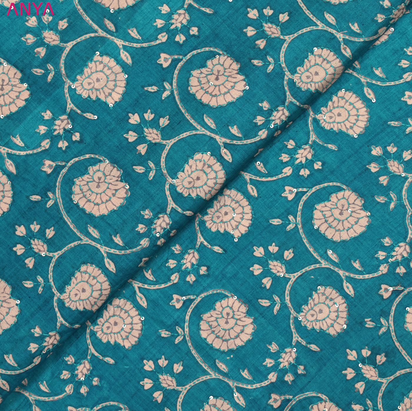 Rexona Blue Tussar Silk Fabric with Floral Kantha Work Design