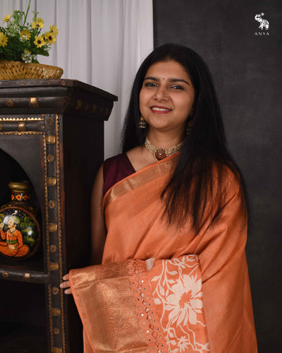 Orange Floral Printed Kanchi Silk Saree with Cut Work Design