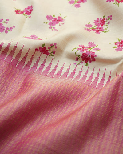 Off White Printed Kanchi Silk Saree with Small Floral Print Design