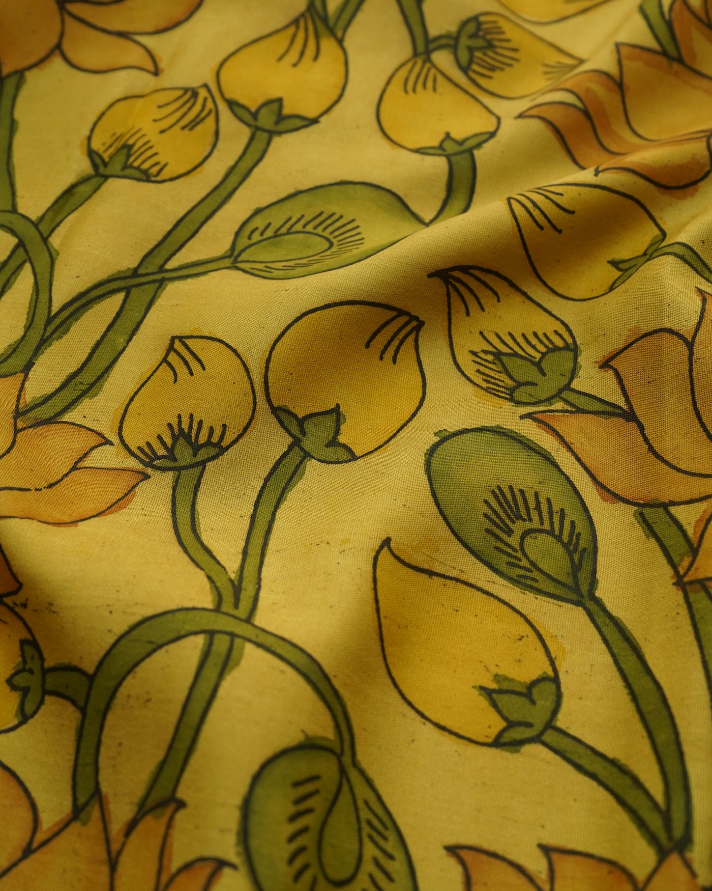 Lemon Yellow Pen Kalamkari Kanchi Silk Fabric with Lotus Design