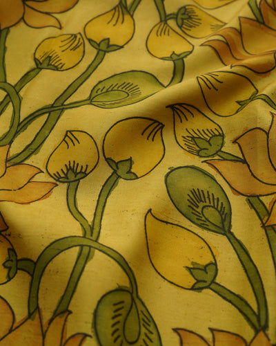 Lemon Yellow Pen Kalamkari Kanchi Silk Fabric with Lotus Design