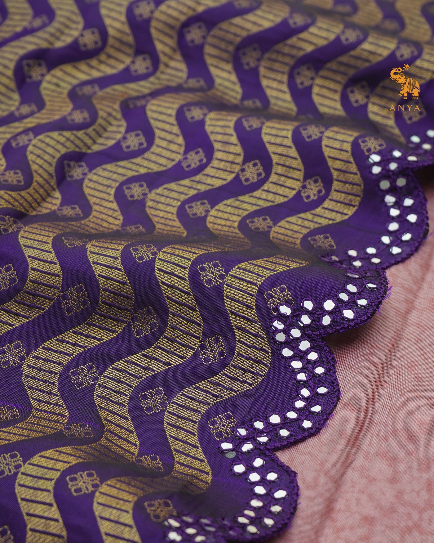 Onion Pink Printed Kanchi Silk Saree with Scallop Mirror Embroidery Design