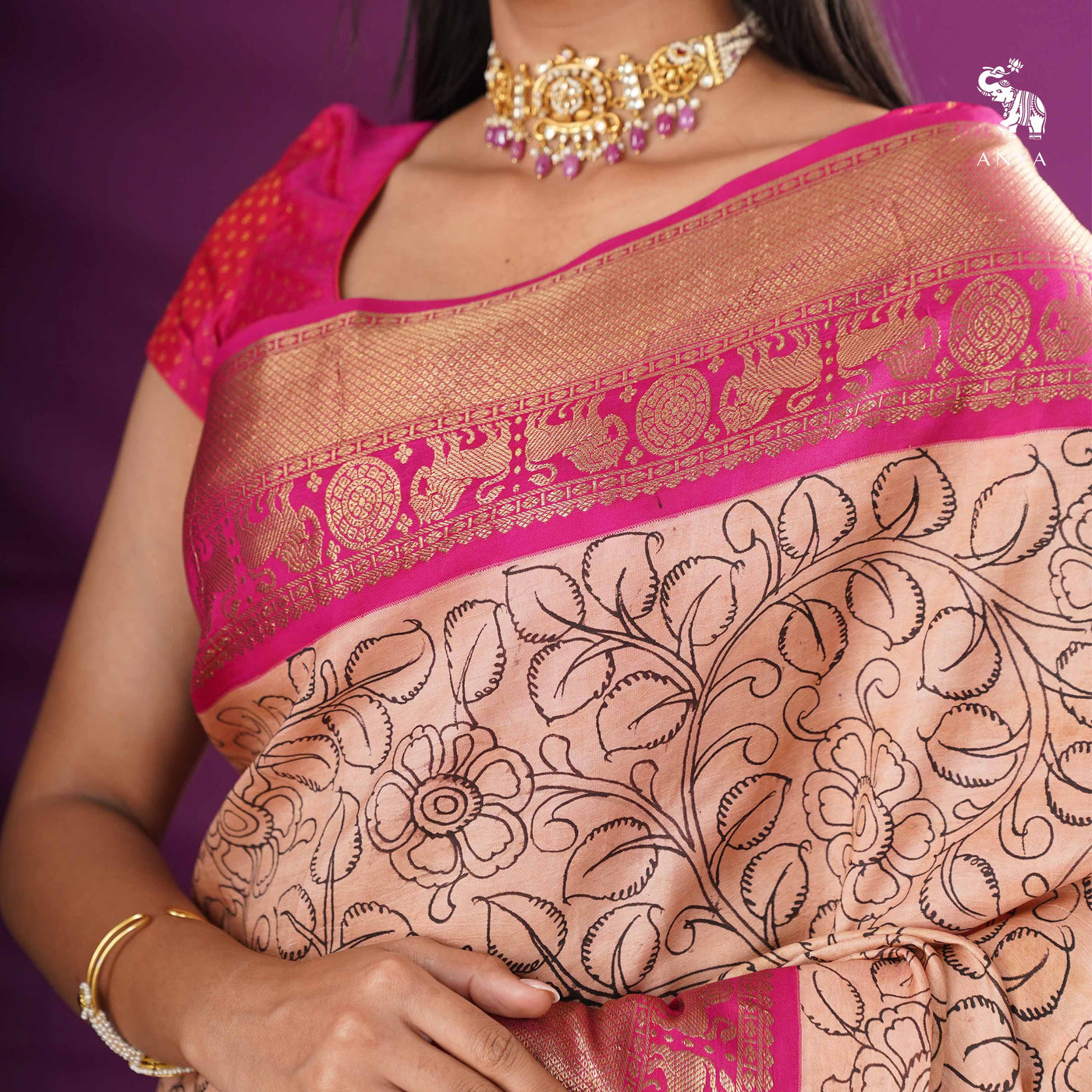 Peach Pen Kalamkari Kanchi Silk Saree with Floral Creeper and Dancing Doll Design