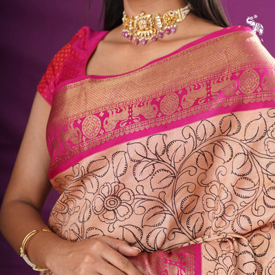 Peach Pen Kalamkari Kanchi Silk Saree with Floral Creeper and Dancing Doll Design