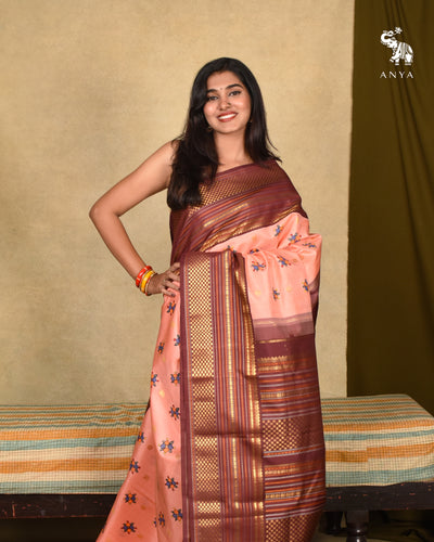Peach Madhubani Kanchi Silk Saree with Brown Getti Self Pallu and Blouse
