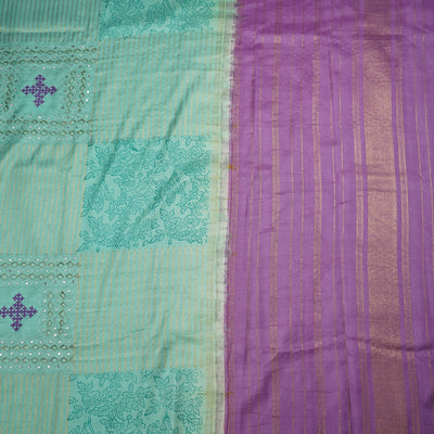 Aqua Green Printed Kanchi Silk Saree with Box Cut and Kutch Work Design