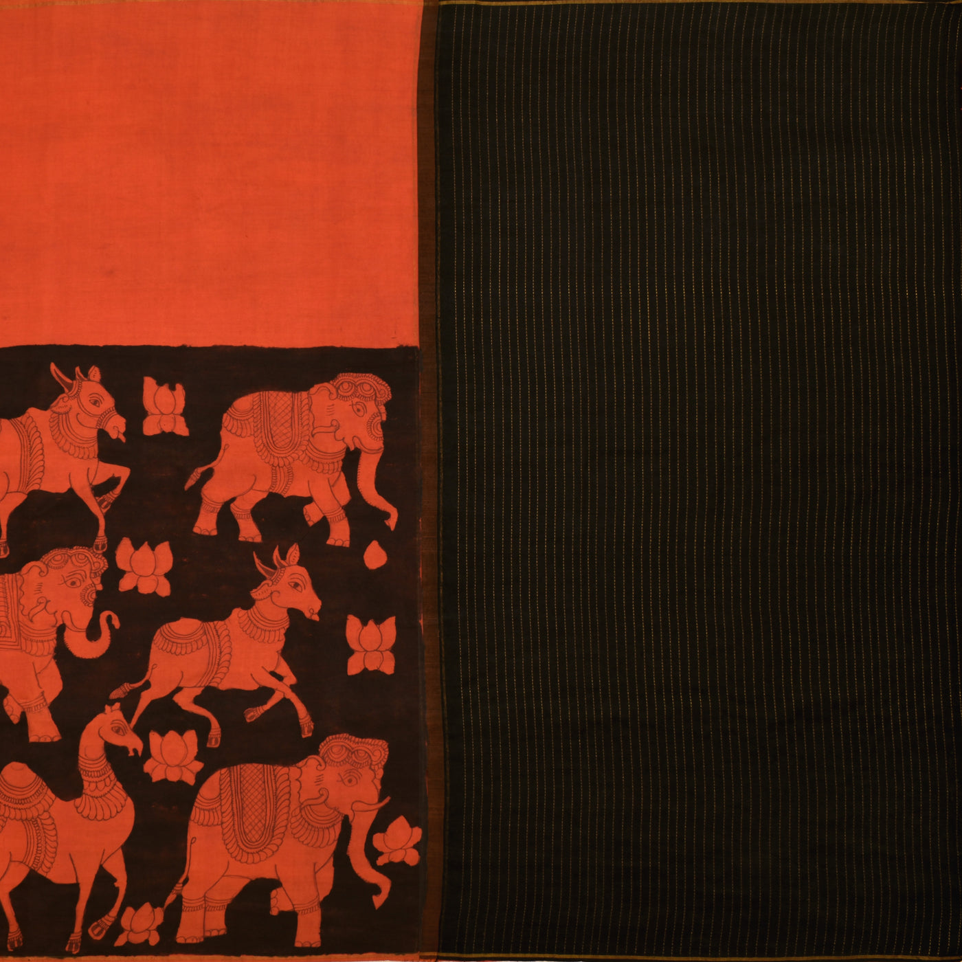 Black and Orange Pen Kalamkari Silk Saree