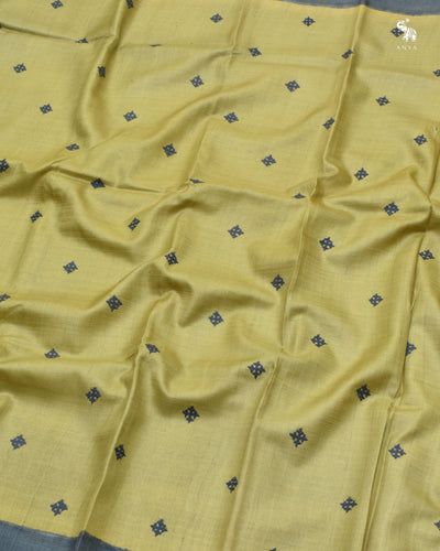 Apple Green Tussar Silk Saree with Kutch Work Design