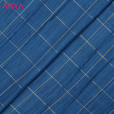 Peacock Blue Matka Silk Fabric with Big Zari Checks Design