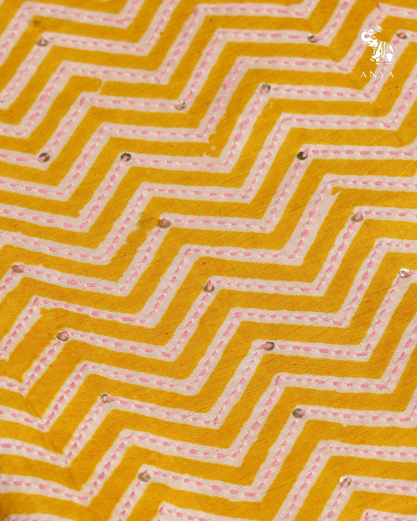 Mustard Printed Kanchi Silk Saree with Kantha Work Design