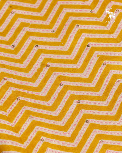 Mustard Printed Kanchi Silk Saree with Kantha Work Design