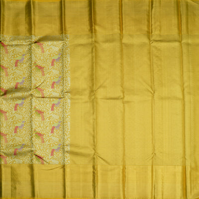 Mustard Kanchipuram Silk Saree with Creeper Parrot Butta Design