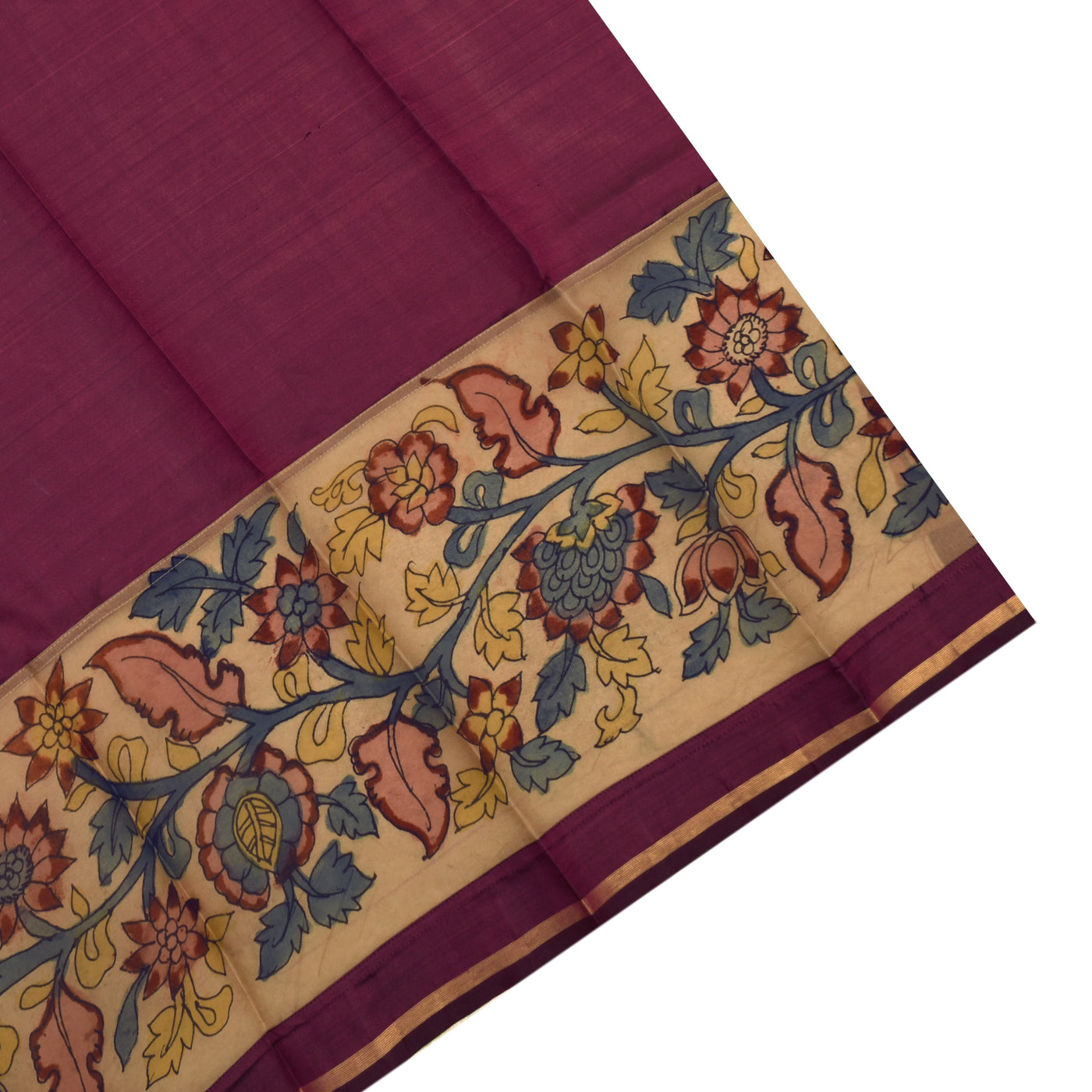 Maroon Rudhraksham Kanchi Silk Saree with Off White Kalamkari Border