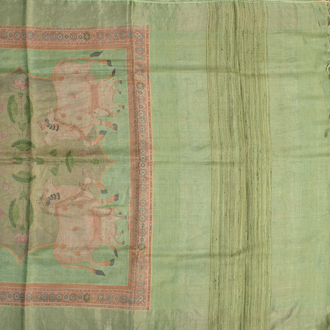 Apple Green Tussar Silk Saree with Pichwai Print Zari Checks Design