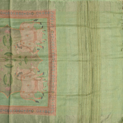 Apple Green Tussar Silk Saree with Pichwai Print Zari Checks Design