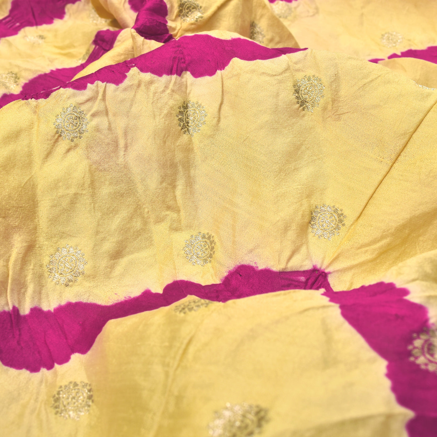 Yellow Bandhani Silk Fabric with Zari Butta Design