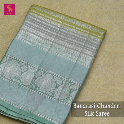 Mint Green Banaras Chanderi Silk Saree with Horizontal Stripes Design