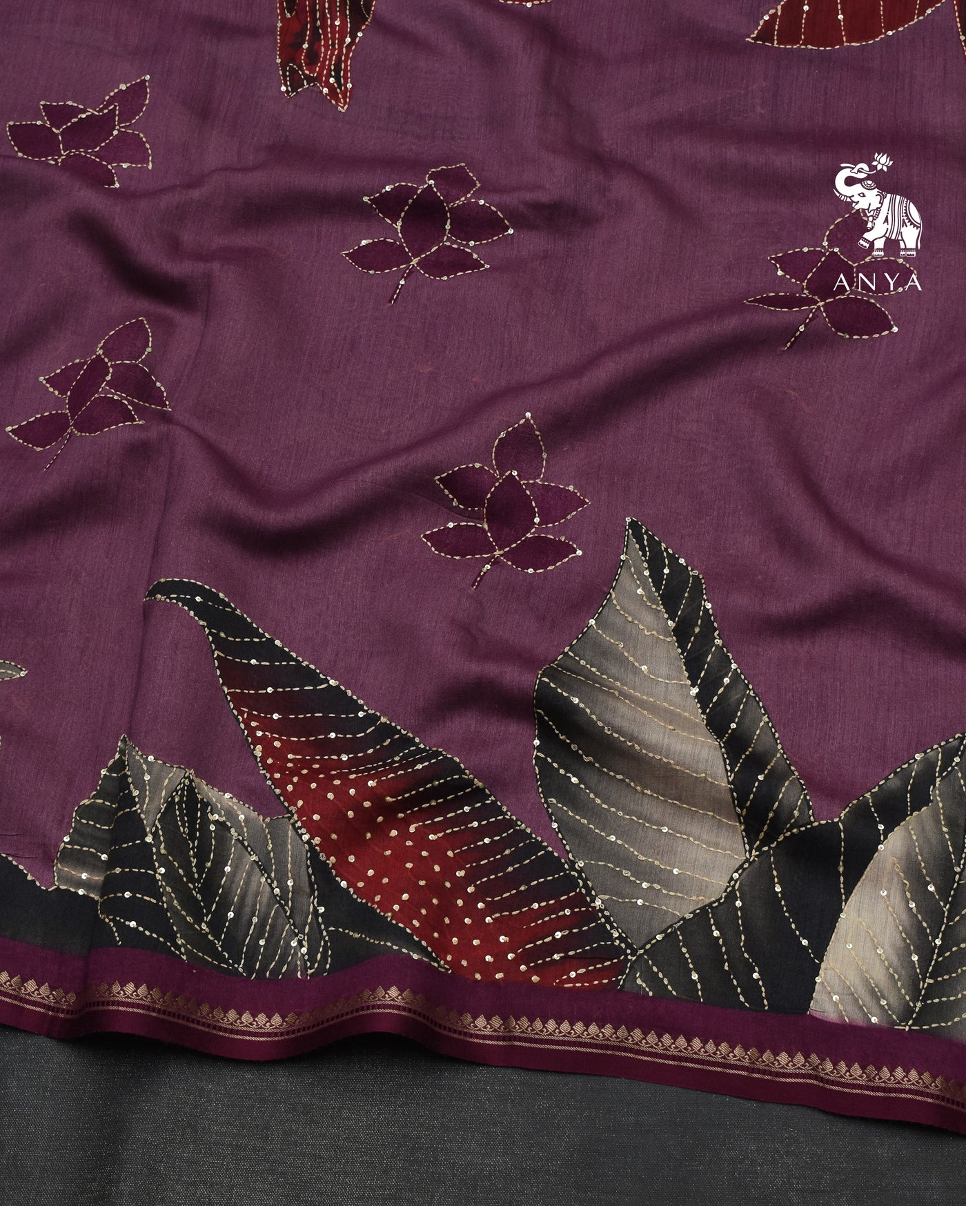 Violet Chanderi Saree with Kantha Work Design
