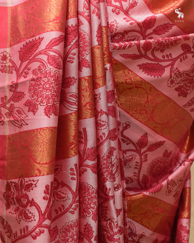 Lotus Pink Printed Kanchi Silk Saree with Stripes Print Design