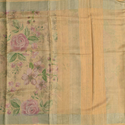 Yellow Tussar Silk Saree with Floral Print Zari Checks Design