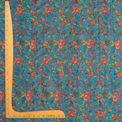 Blue Tussar Silk Fabric with Creeper Kantha Work Design