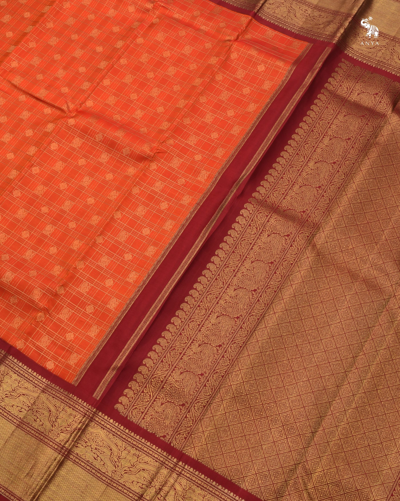 Orange Kanchipuram Silk Saree with Zari Kattam Design