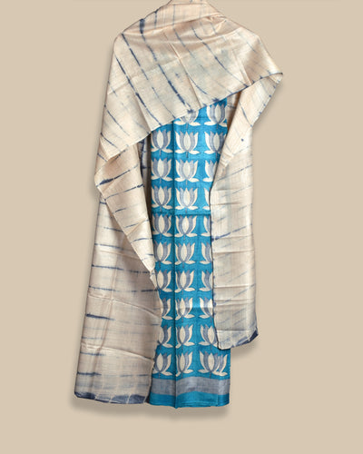 Blue Lotus Print Tussar Silk Salwar with Off White Shibori Print Dupatta