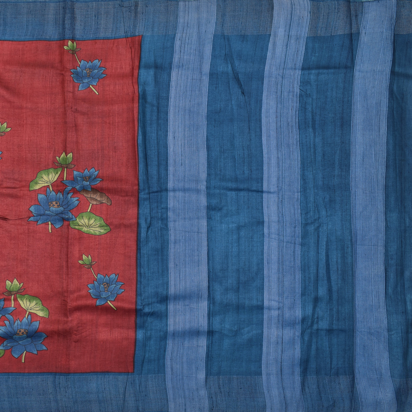 Red Tussar Silk Saree with Floral Printed Design