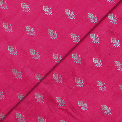 Bright Pink Tussar Raw Silk Fabric with Flower Butta Design