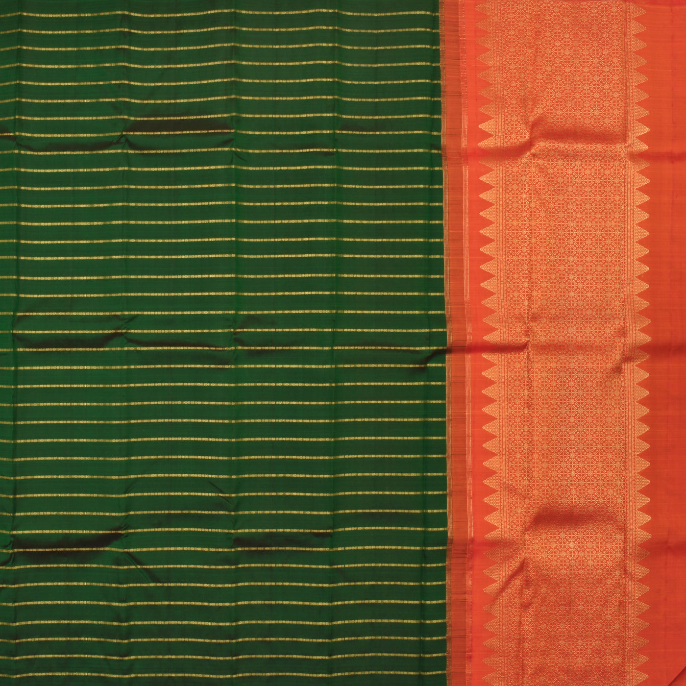 Bottle Green Kanchipuram Silk Saree with Horizontal Stripes Design