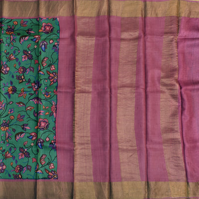 Green Tussar Silk Saree with Floral Design