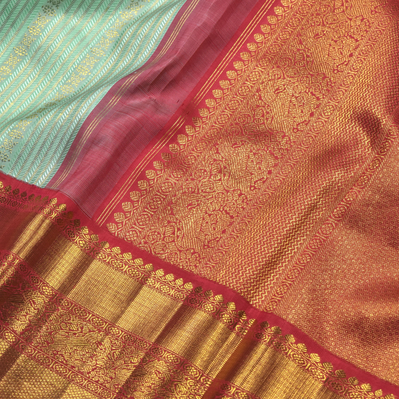 Mint Green Kanchipuram Silk Saree with Horizontal Zari Stripes Design