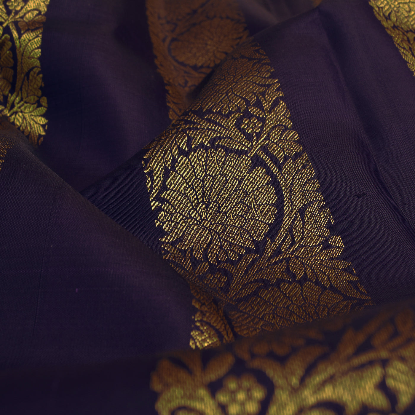 Dark Purple Kanchi Silk Fabric with Kodi Creeper Design