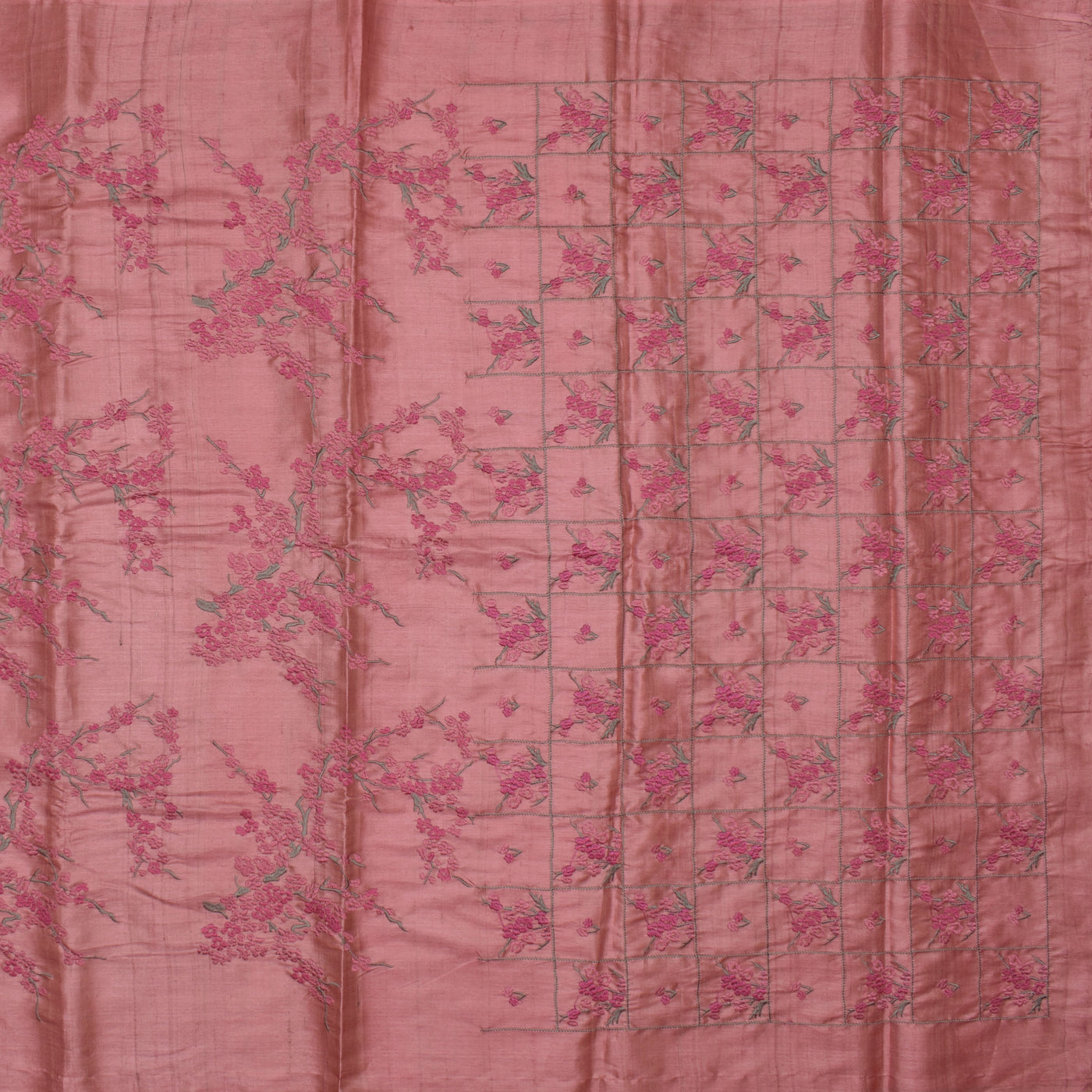 Pink Tussar Silk Saree with Floral Embroidery Design