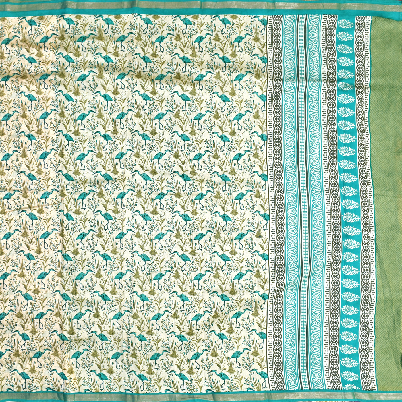 Off White Chanderi Silk Saree with Birds Print Design