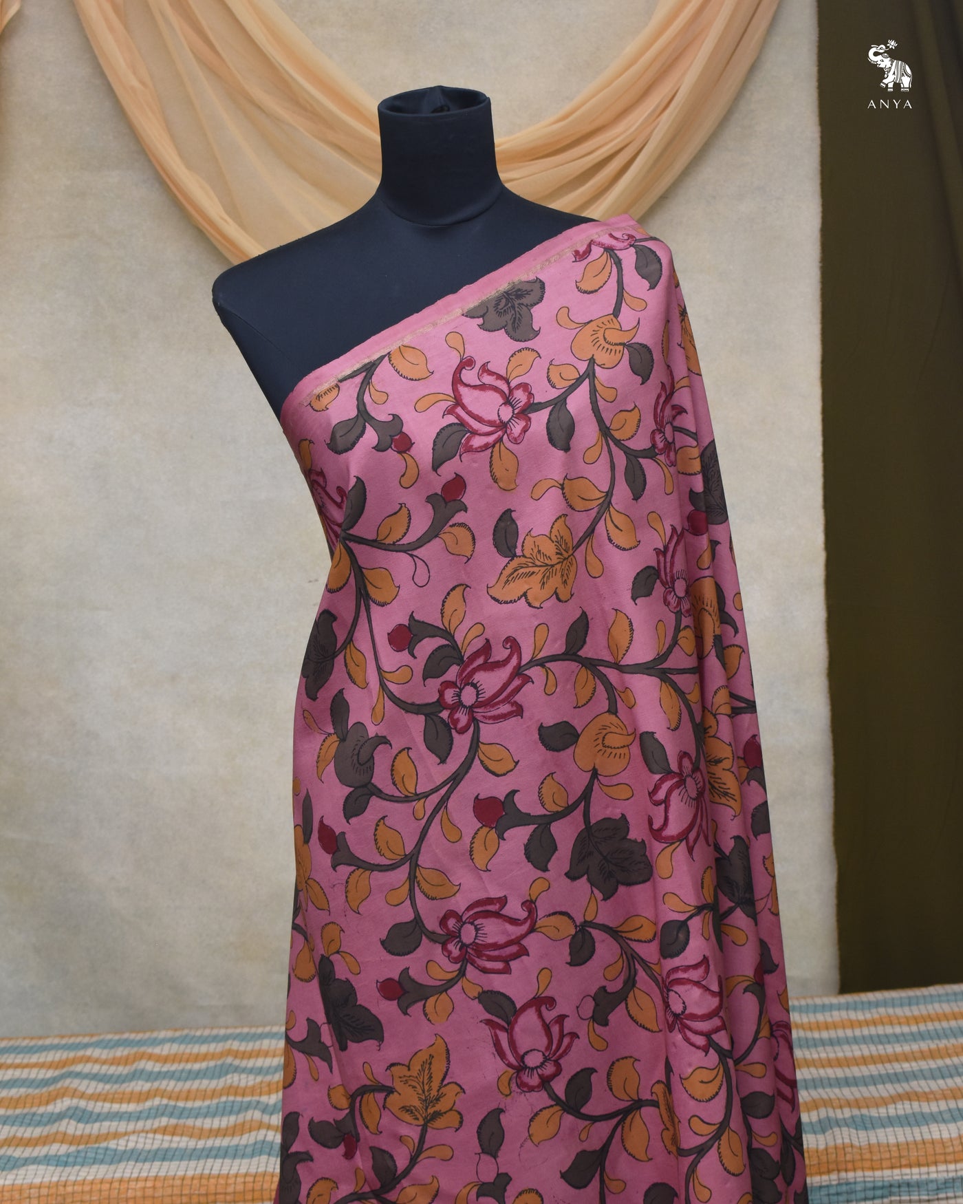 Onion Pink Pen Kalamkari Kanchi Silk Fabric