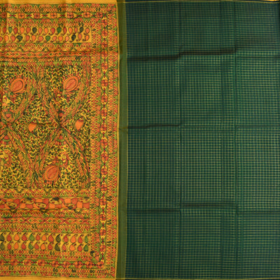 Mustard Madhubani Kanchi Silk Saree with Bottle Green Zari Kattam Pallu and Blouse